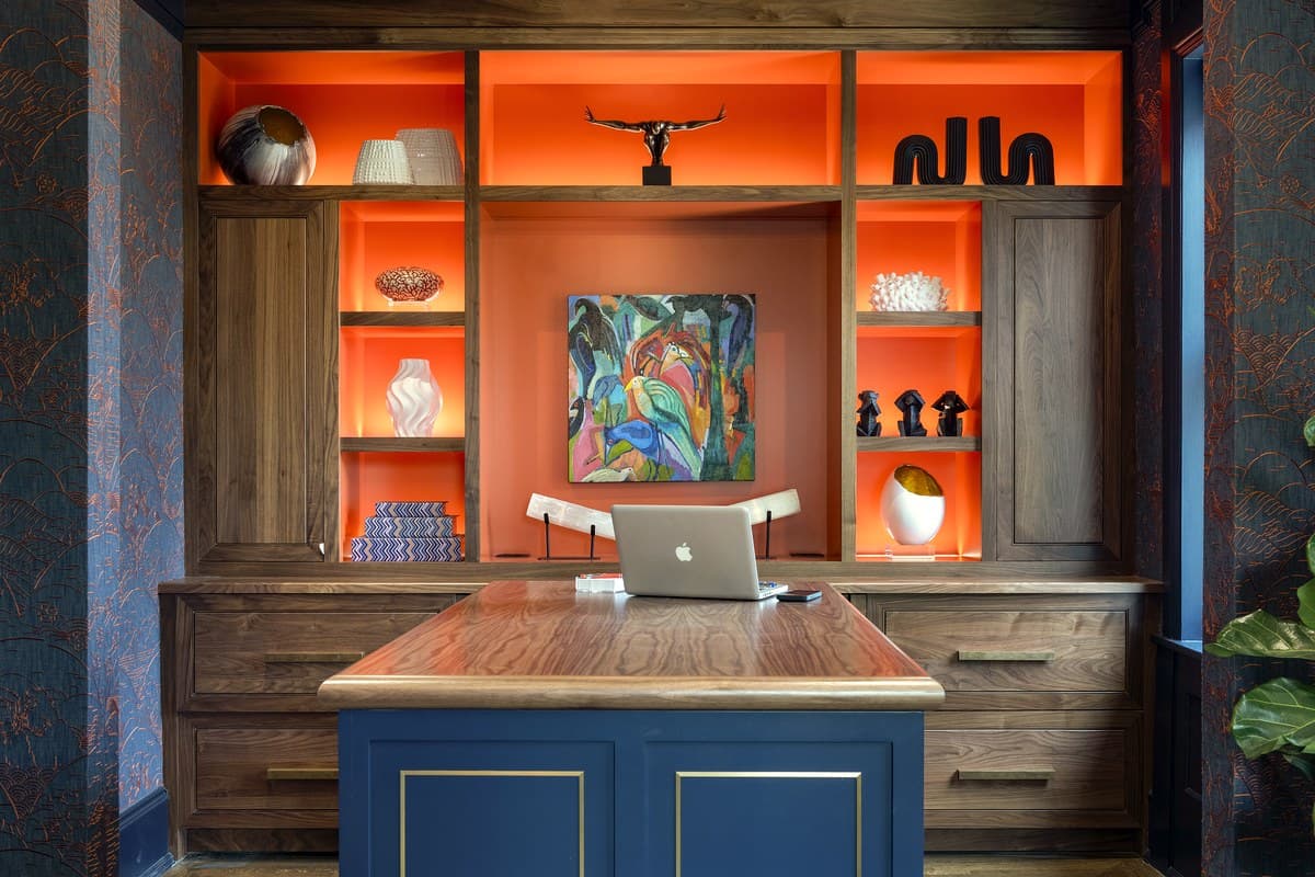 Home office with color-tunable LED shelf lighting and intelligent scene control