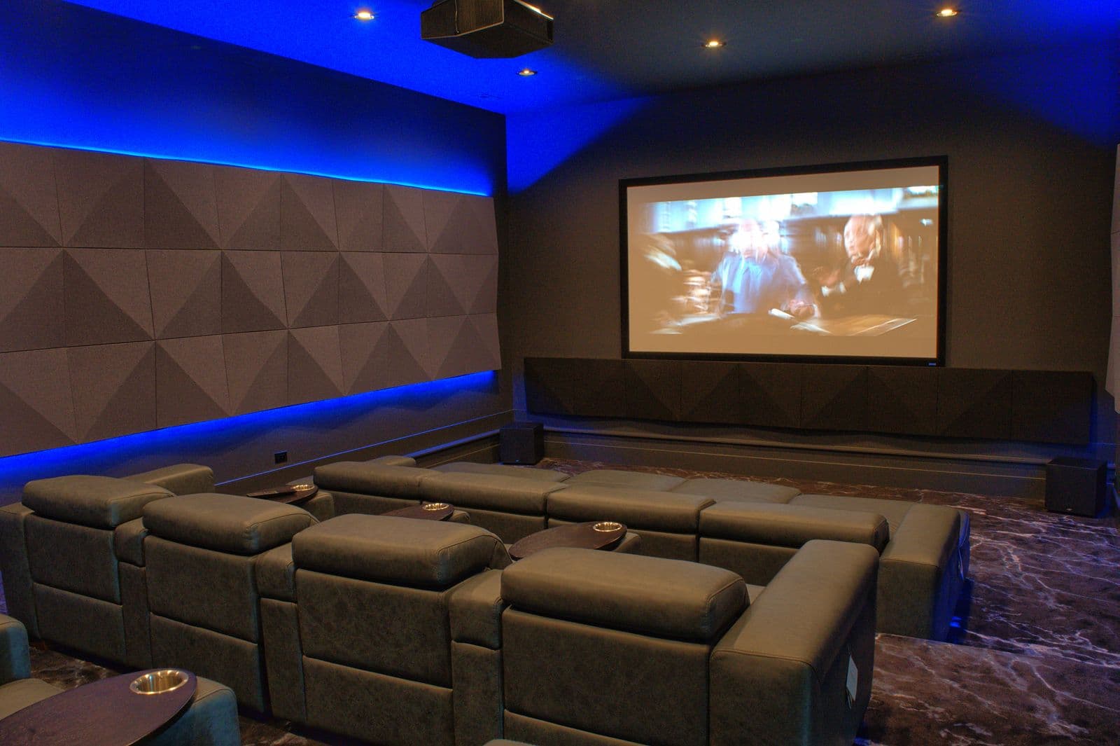 Dedicated home theater with acoustic panels and projection system